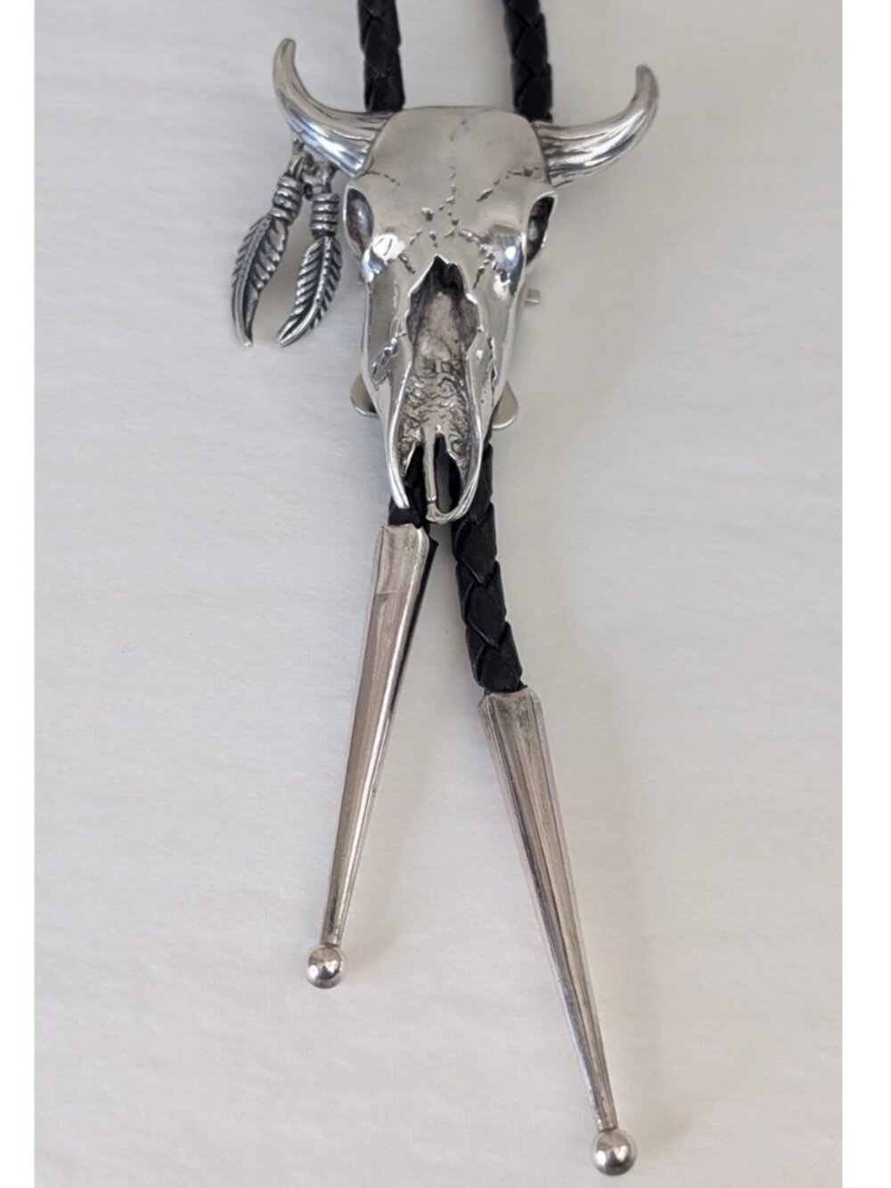Sterling Silver, S.T.C. Steer Skull with Braided Leather Bolo Necklace